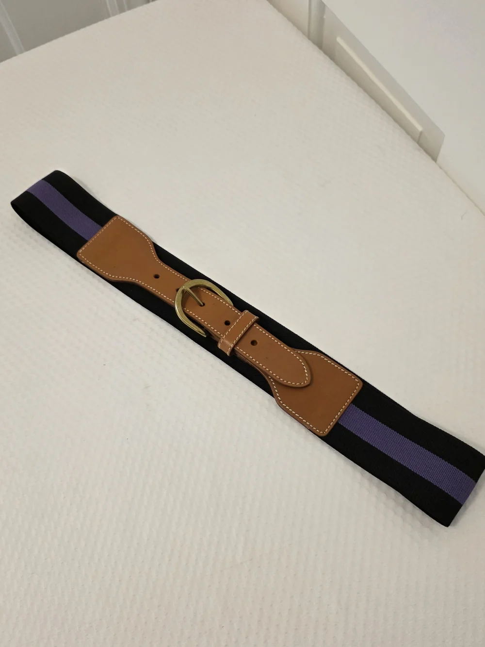 EC J. McLaughlin Black & Purple Striped Stretch Belt Brown Leather Trim Sz L/XL